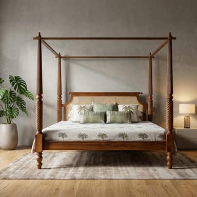 A wooden four-poster bed featuring a canopy frame and a cane rattan headboard. The bed has turned posts and legs, and is styled with a white mattress and bedding adorned with a green palm tree pattern. Decorative pillows are also present. — 3D model