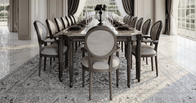 A sophisticated dining set comprising a large rectangular marble-top dining table and eight matching upholstered armchairs, presented against a white background. — 3D model