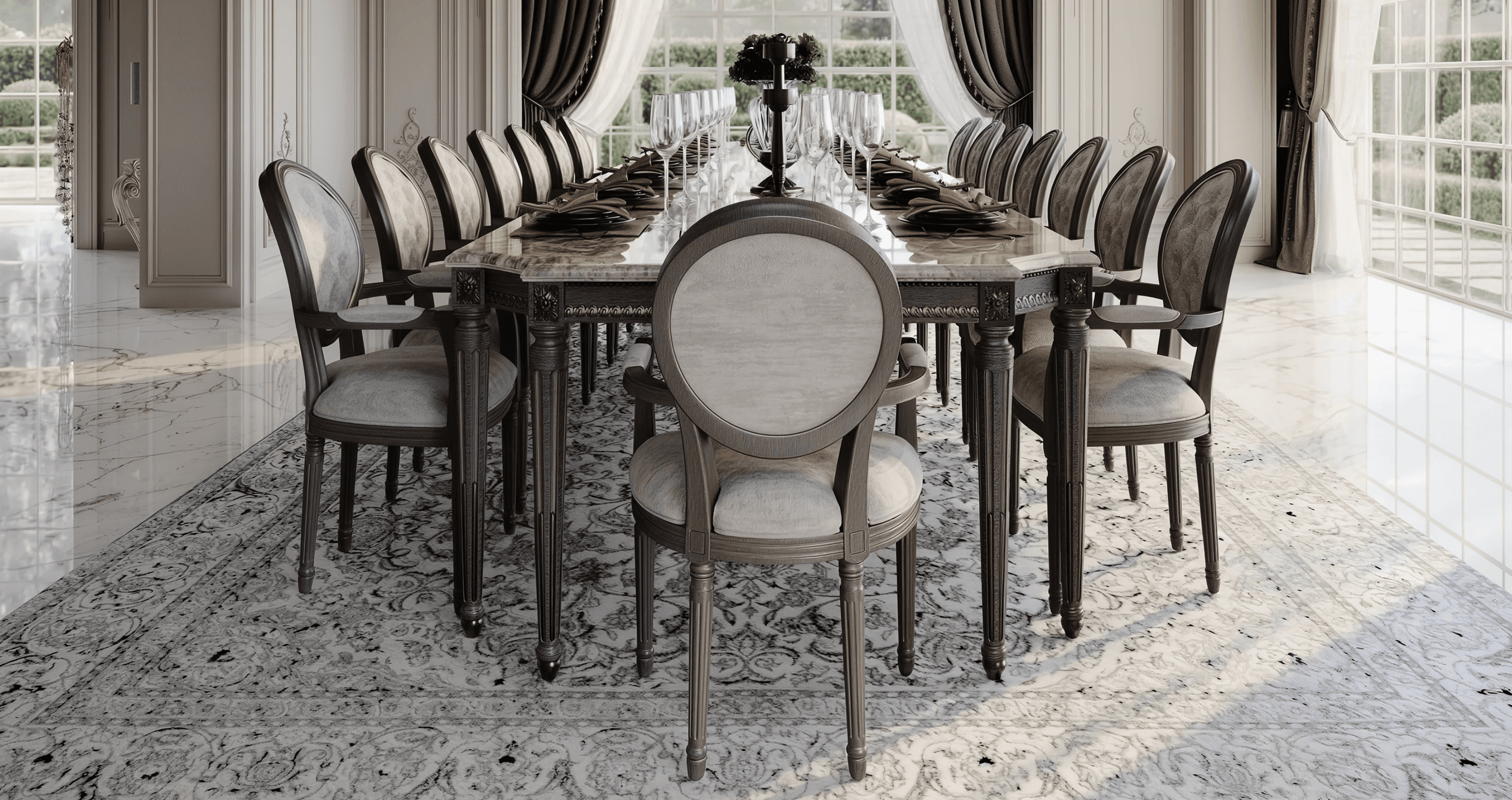 A sophisticated dining set comprising a large rectangular marble-top dining table and eight matching upholstered armchairs, presented against a white background. — 3D model