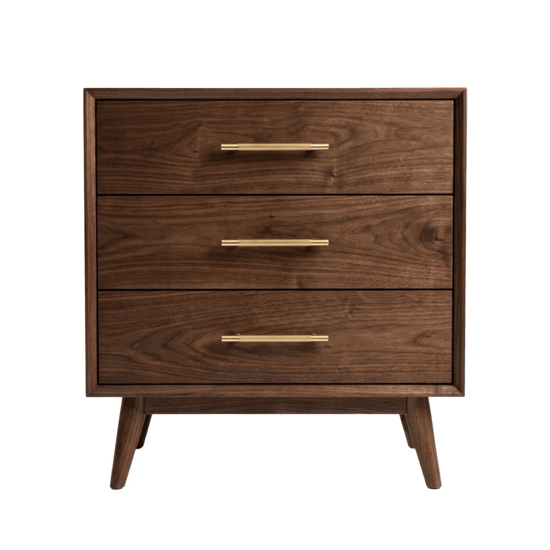 A dark walnut three-drawer chest with brass bar pulls and tapered legs, designed in a mid-century modern style. — 3D model