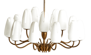 A vintage chandelier with a central brass stem and a circular arrangement of multiple arms, each supporting a white, opaque glass shade. The shades have a distinctive teardrop or flame-like shape. The overall design suggests a mid-century modern aesthetic. — 3D model