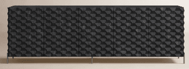 A long credenza with a distinctive geometric textured pattern on its front doors. It features four visible doors and is supported by thin, metallic legs. — 3D model