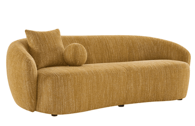 A modern sofa with a rounded silhouette. It features a textured, woven upholstery in a warm, golden-yellow hue. The sofa includes two decorative pillows: one square and one spherical, both matching the sofa's upholstery. The design emphasizes soft lines and a comfortable aesthetic. — 3D model
