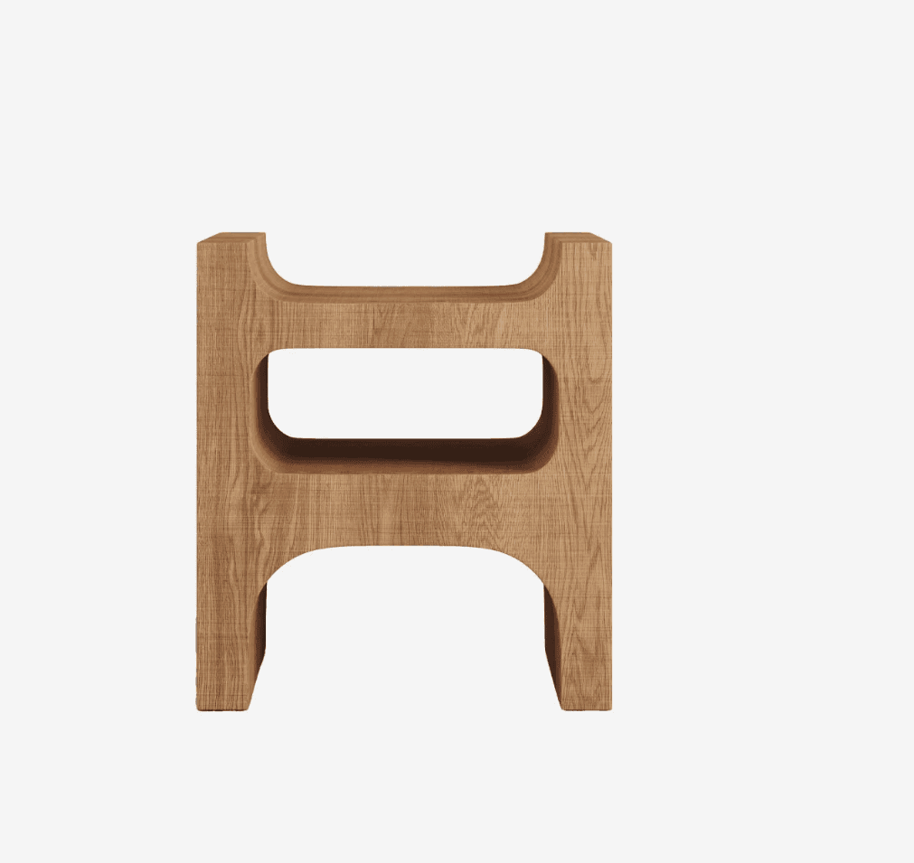 A modern stool with a distinctive hollow design. It features a solid top surface and two vertical supports, each with a large rectangular cutout. The supports curve inwards at the base to form short legs. The wood grain pattern is visible throughout the piece, suggesting a wood or wood-like composite material. — 3D model