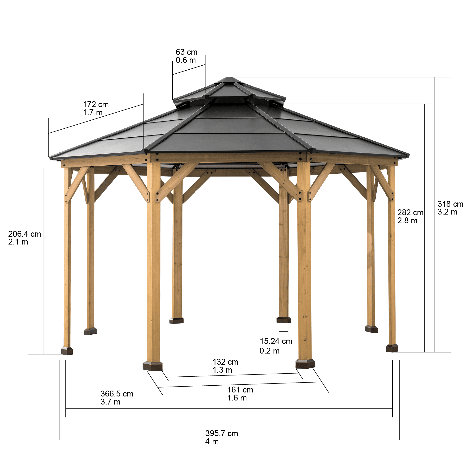 An octagonal gazebo featuring a natural wood frame with support beams and a multi-tiered, black metal roof. The structure is designed for outdoor placement, providing shelter and a focal point for gardens or patios. — 3D model