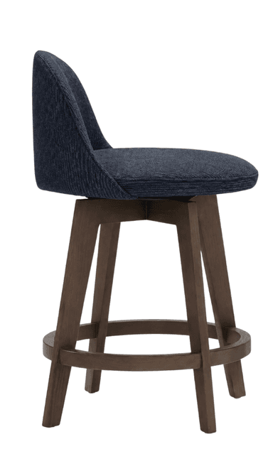 A swivel bar stool with a upholstered seat and backrest, supported by a wooden base. The seat and backrest are covered in a dark blue, textured fabric. The base consists of four legs connected by a circular footrest. The legs are angled outwards and feature a dark wood finish. — 3D model