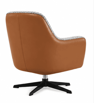 A modern lounge chair featuring a broad, rounded back and seat, upholstered in a distinctive black, white, and gray speckled or abstract patterned fabric. The exterior of the chair's shell is a contrasting warm brown, possibly leather or faux leather, which frames the upholstered sections. It sits on a black multi-leg star-shaped swivel base with a silver central shaft, providing stability and rotational movement. — 3D model