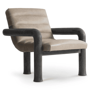 A modern armchair with a distinctive design featuring a curved frame and upholstered seat and back. The frame is constructed from dark, textured wood, contrasting with the light-colored, tufted upholstery. — 3D model