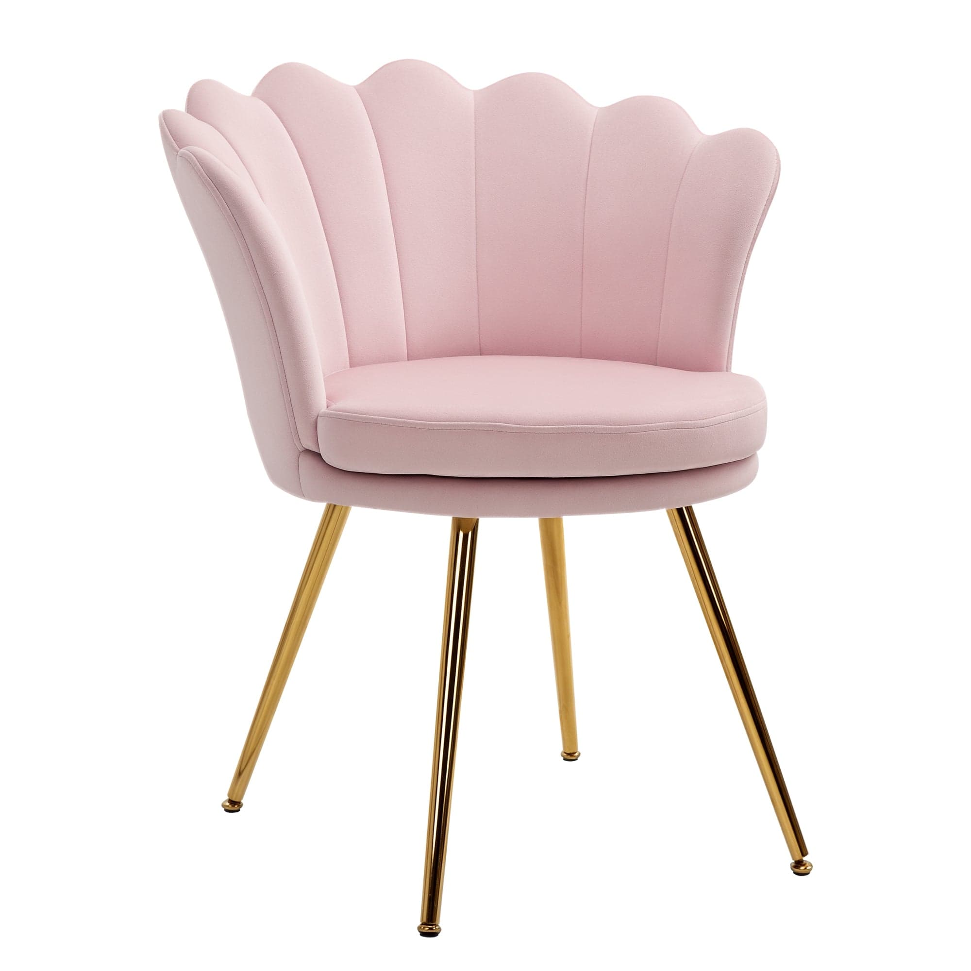 A contemporary accent chair featuring a distinctive scalloped, shell-like backrest, upholstered in soft pink velvet fabric. The chair has a round, cushioned seat and stands on four slender, tapered legs with a polished gold-tone finish. The design suggests a modern, elegant, or Art Deco-inspired aesthetic. — 3D model