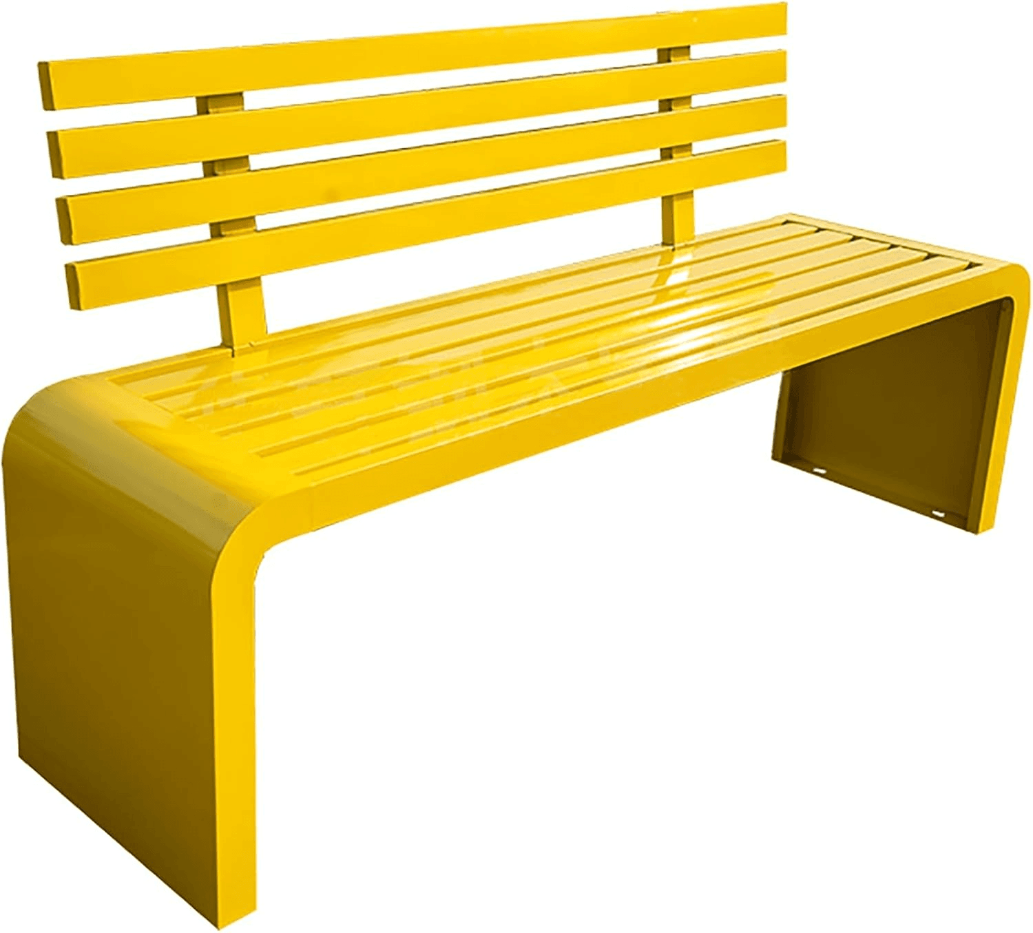 A bright yellow metal bench, characterized by its modern design. The bench features a curved U-shaped base that forms the legs and front part of the seat. The seating surface and backrest are composed of parallel horizontal slats, creating a lightweight yet sturdy appearance. The entire structure is unified by a glossy, vibrant yellow finish. — 3D model