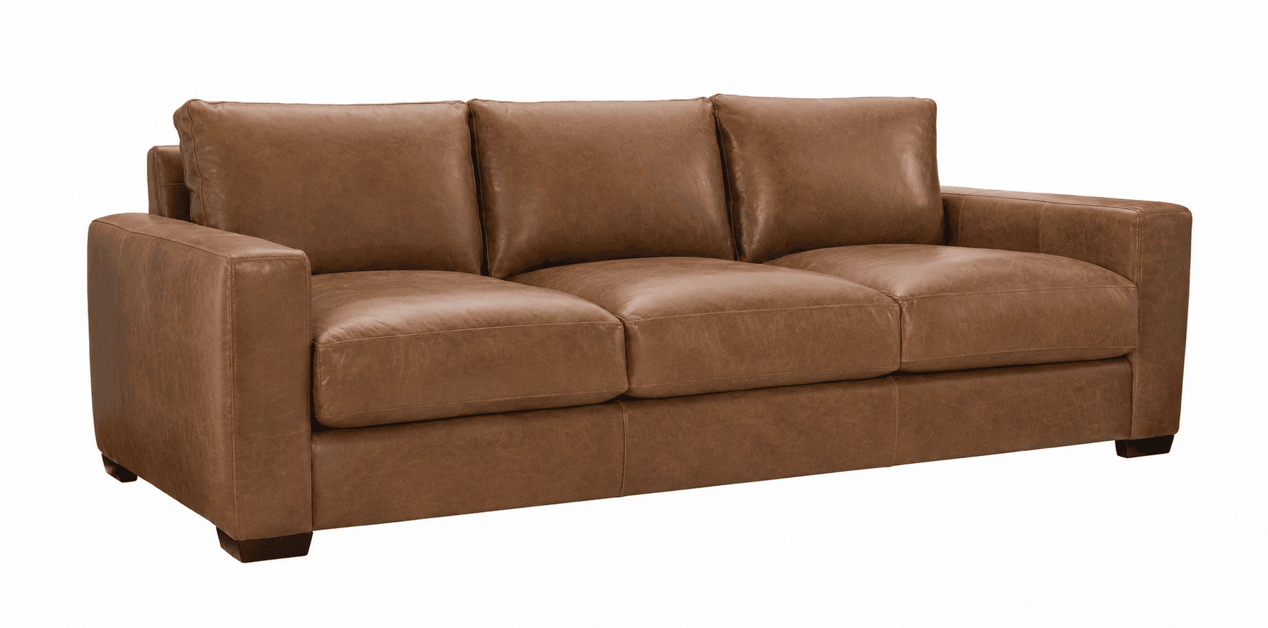 A three-seat sofa upholstered in brown leather, featuring clean lines, track arms, and loose back and seat cushions. The sofa sits on short, dark block feet. — 3D model