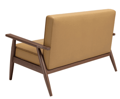 A mid-century modern style loveseat featuring a visible dark wood frame and tan, button-tufted upholstery. It has two distinct seat cushions and sloped, tapered wooden legs, with integrated wooden armrests. — 3D model
