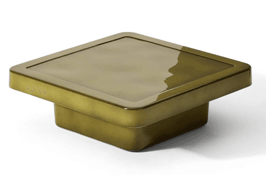 A low-profile square coffee table with a monolithic design, featuring a glossy olive green finish, a recessed top surface, and a solid pedestal base. — 3D model
