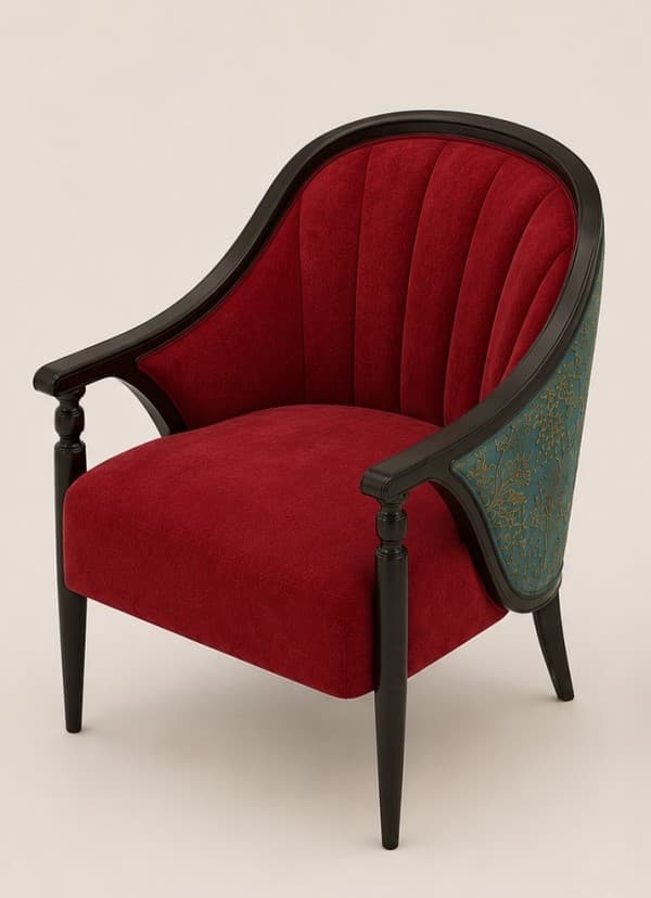 An elegant armchair featuring a curved barrel-shaped back. The interior upholstery is a deep red, possibly velvet or velour, with vertical channel tufting. The exterior back is upholstered in a contrasting teal or blue-green fabric with an intricate damask-like pattern. The frame and legs are constructed from dark-stained wood, with the front legs incorporating turned details beneath the armrests. The legs are tapered. — 3D model