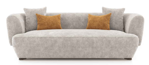 A contemporary sofa characterized by its soft, rounded silhouette and light-colored textured upholstery. It features integrated, broadly curved arms, a single continuous seat cushion, and two loose back cushions. Two contrasting orange accent pillows are also present. The sofa sits low to the ground on discreet block feet. — 3D model