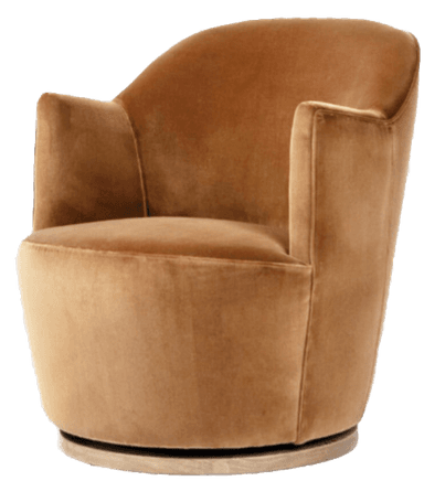 A compact, upholstered barrel-style swivel armchair in a rich camel brown velvet fabric, featuring a continuous curved backrest and integrated armrests, resting on a subtle circular base. — 3D model