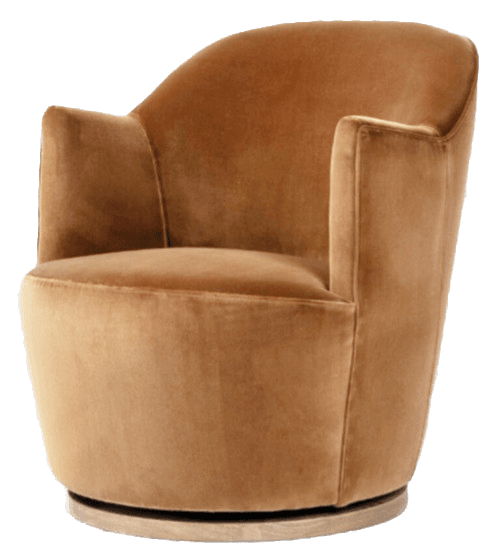 A compact, upholstered barrel-style swivel armchair in a rich camel brown velvet fabric, featuring a continuous curved backrest and integrated armrests, resting on a subtle circular base. — 3D model