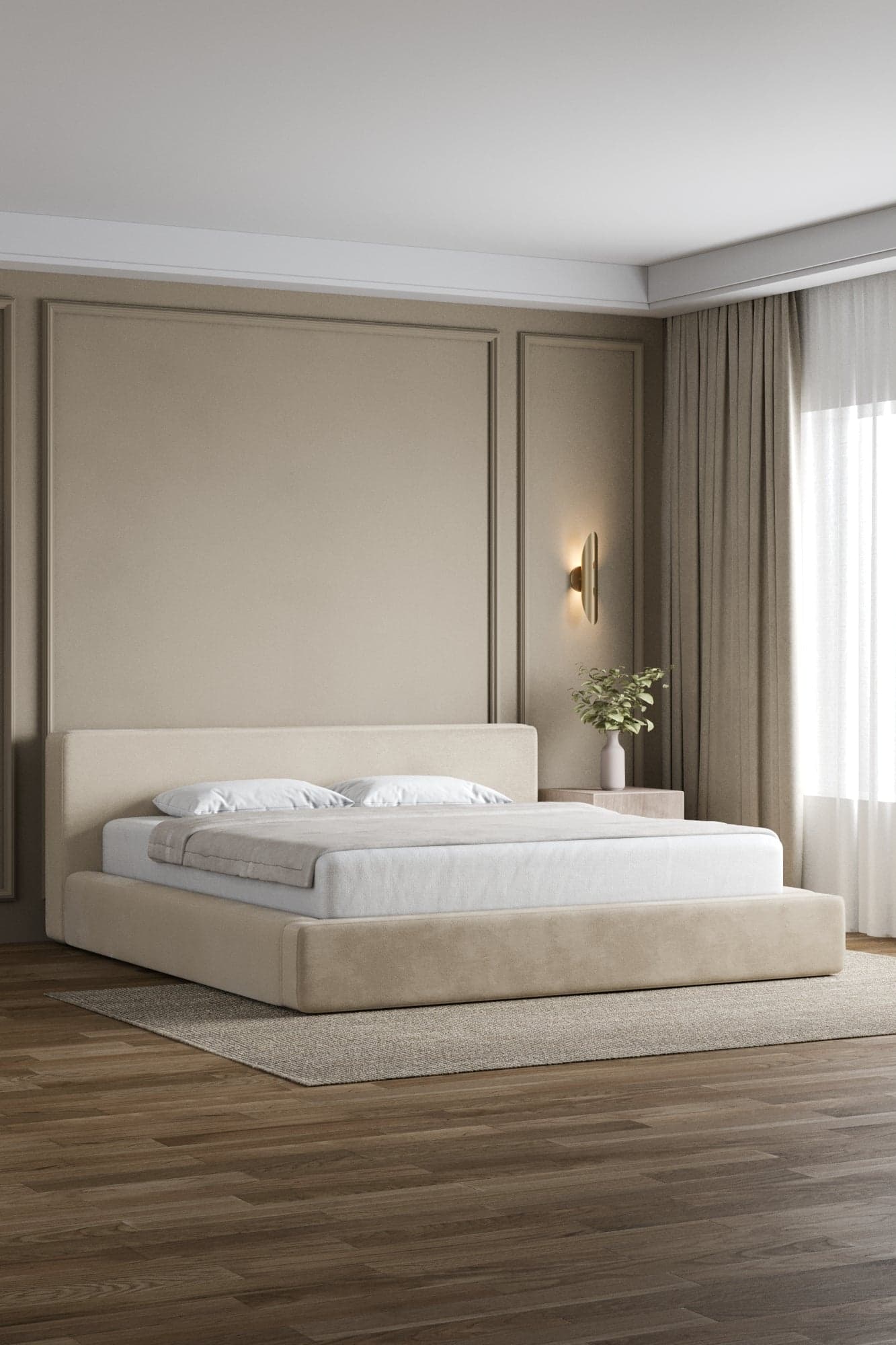 A modern upholstered platform bed featuring a low-profile frame and a tall, integrated headboard, all covered in a neutral-toned fabric. The design is minimalist, emphasizing clean lines and soft textures, suitable for contemporary bedroom aesthetics. The bed is presented with white bedding on a hardwood floor, with a small rug beneath it. — 3D model