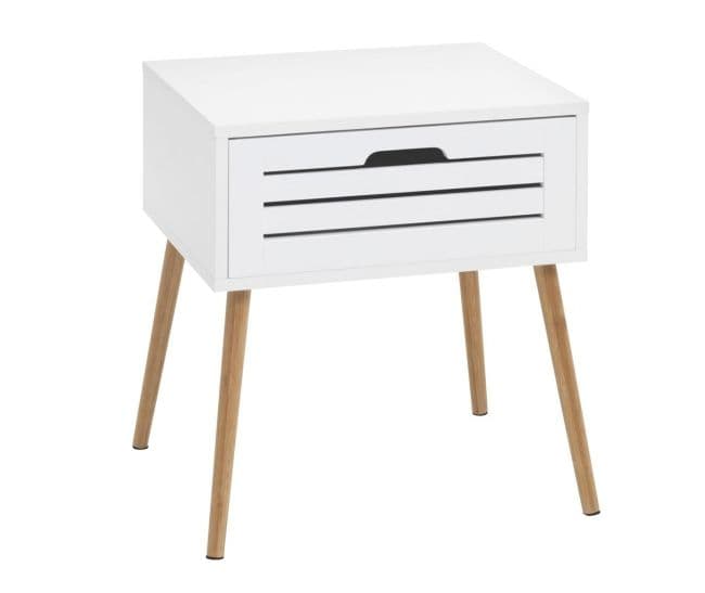 A white nightstand with a single drawer featuring horizontal slats and a cut-out handle. The nightstand is supported by four tapered wooden legs in a natural finish. — 3D model