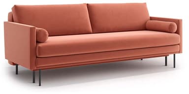 A modern three-seater sofa with a rectangular frame. The sofa features a plush upholstered body in a coral or terracotta color. It has a straight, horizontal backrest divided into two sections by a vertical seam and a horizontal seat cushion. The armrests are low and integrated into the frame, with one cylindrical bolster pillow placed on each side. The sofa is supported by thin, dark-colored legs. — 3D model