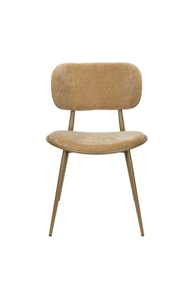 A dining chair with a curved backrest and a seat upholstered in textured fabric. The chair features slim, tapered legs and a supporting frame made of metal. — 3D model
