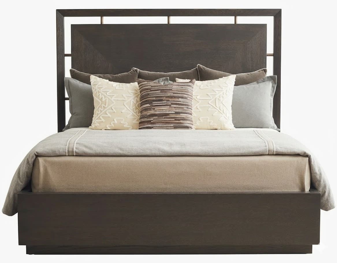 A dark-stained wooden bed frame with a rectangular headboard featuring horizontal and vertical support beams, and a padded footboard. The bed is dressed with bedding and decorative pillows. — 3D model