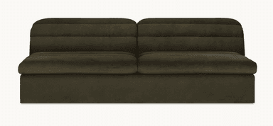 A modular sofa section with a low profile and deep seating. The design features a tufted cushion top with channel stitching, creating a segmented appearance. The base is a solid, upholstered block. The backrest curves gently upwards and appears to be integrated with the seating. — 3D model