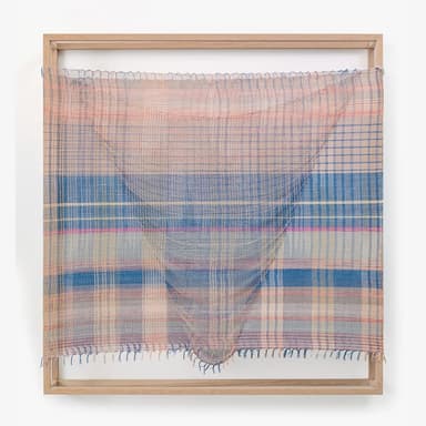 A minimalist room divider featuring a rectangular frame constructed from light-toned wood, supporting a semi-translucent woven textile panel. The textile exhibits a plaid pattern in shades of beige, blue, and pink, with finer lines in grey and darker blue. The fabric is draped over a single horizontal rod at the top and hangs loosely, revealing fringed edges at the bottom. The overall design emphasizes simplicity and texture. — 3D model