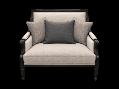 A traditional-style loveseat featuring an exposed dark wood frame with elegant curves, upholstered in a light, textured fabric. It has upholstered armrests, turned legs, and comes with three decorative accent pillows. — 3D model