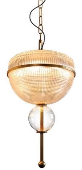 A sophisticated pendant light featuring a large, ribbed glass dome shade with a textured surface, banded by a polished brass ring. Suspended by a brass chain, the fixture extends downwards to a clear glass sphere, which is itself connected to a slender brass rod culminating in a small brass orb at its base. The design evokes a blend of vintage charm and refined modernity. — 3D model