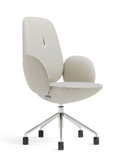 A modern swivel office chair featuring a contoured backrest and seat, upholstered in two distinct materials. The inner surfaces and top of the back are a smooth, light beige material, while the outer shell and seat perimeter are covered in a subtle light grey/cream patterned fabric. It stands on a polished chrome five-star swivel base equipped with black casters for mobility. A silver metallic accent is visible on the upper back. — 3D model