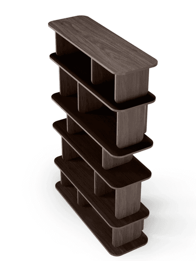 A modern, modular bookshelf constructed from dark-stained wood. It features multiple open shelves supported by vertical dividers, all characterized by soft, rounded edges. Some sections incorporate curved back panels that act as partial enclosures or stylistic dividers, creating varied display compartments within the grid-like structure. The design is sleek and contemporary. — 3D model