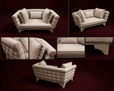 A compact upholstered loveseat featuring deep tufting on the exterior back and arms. It is covered in a light-colored fabric and includes three loose cushions (two square, one rectangular) with contrasting dark piping. The piece sits on a low, light-toned wooden base with splayed legs. — 3D model