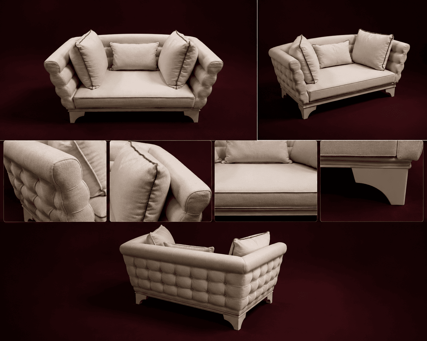 A compact upholstered loveseat featuring deep tufting on the exterior back and arms. It is covered in a light-colored fabric and includes three loose cushions (two square, one rectangular) with contrasting dark piping. The piece sits on a low, light-toned wooden base with splayed legs. — 3D model