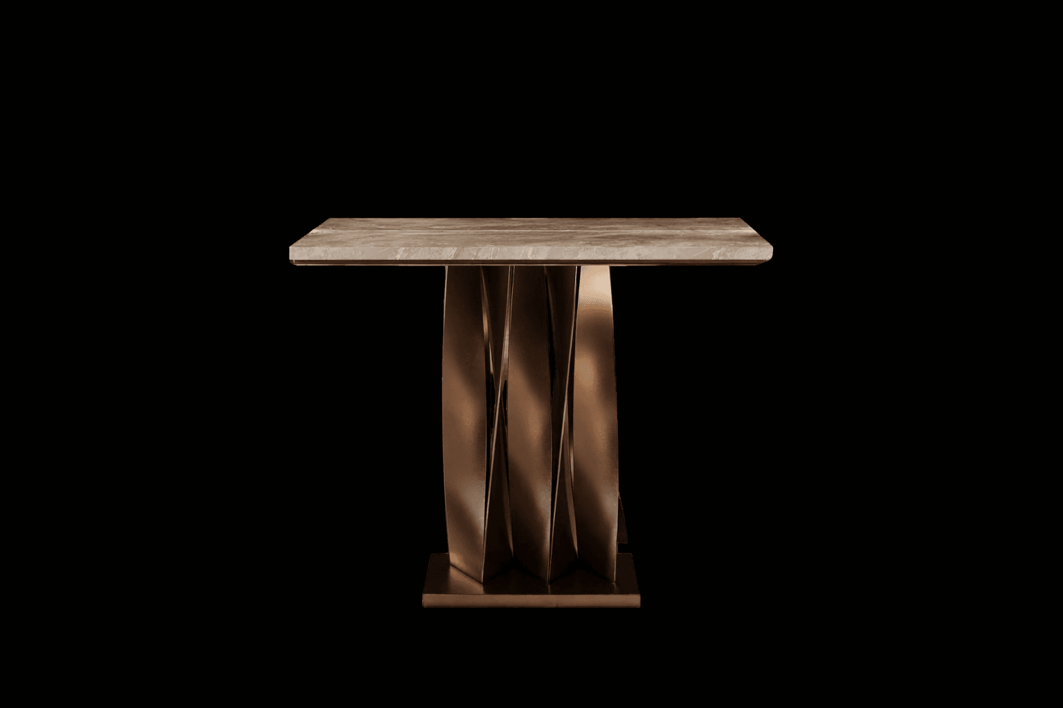 A console table with a rectangular marble top and a sculptural, twisted metal base. The base has a metallic bronze finish and is supported by a rectangular plinth. The marble top exhibits natural veining. — 3D model
