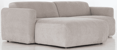 A sofa viewed from the back, featuring a neutral-toned fabric upholstery. The sofa appears to have a modern design with rounded armrests visible on the sides. The back is divided into two distinct cushioned sections, separated by a vertical seam. Small, dark-colored feet are visible at the base. A small, light-colored tag with an emblem is attached to the lower corner of the right side. — 3D model