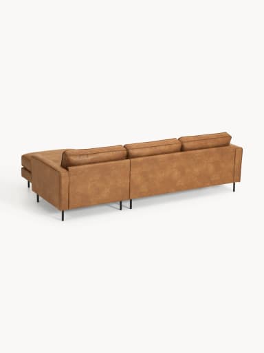 A sectional sofa with a chaise lounge extension. The sofa features a clean, modern design with a low profile and square arms. It is upholstered in a brown material that resembles leather and is supported by slim, black metal legs. — 3D model