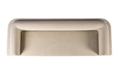 A modern sofa featuring a curved, fully upholstered frame and a distinctive brass-finished plinth base, designed for contemporary interiors. — 3D model