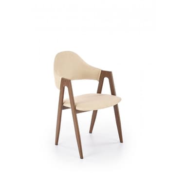 A modern armchair with a curved back and seat, upholstered in a textured light beige fabric. The frame consists of slender, dark-colored legs and arms, suggesting a minimalist design aesthetic. The chair is presented against a plain white background. — 3D model