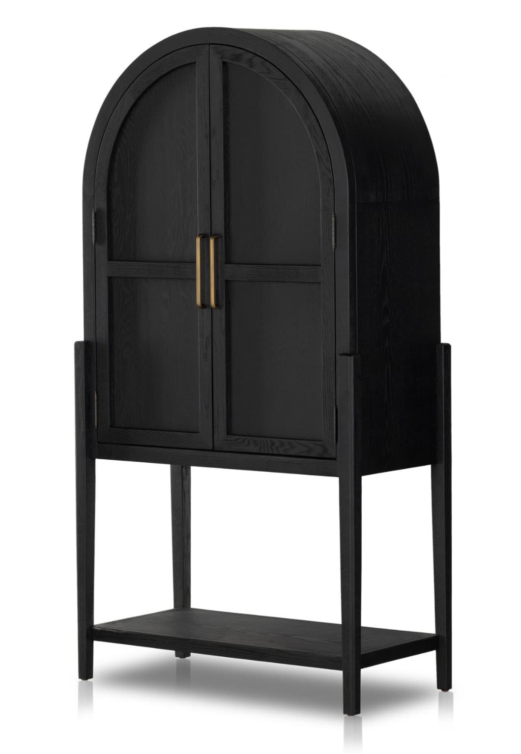 A tall, black wooden cabinet with a distinctive arched top. It features double doors with a refined panel design and two vertical brass handles. The cabinet is supported by four slender legs, with an open shelf situated below the main body, connecting the legs. The overall design suggests a modern or contemporary style with a touch of elegance. — 3D model