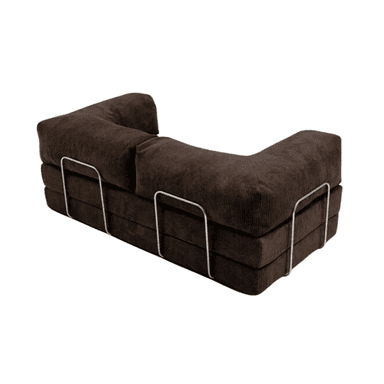 A dark brown corduroy loveseat featuring a blocky, modular design with plush, ribbed upholstery and one armrest accented by an external chrome-plated metal frame. — 3D model