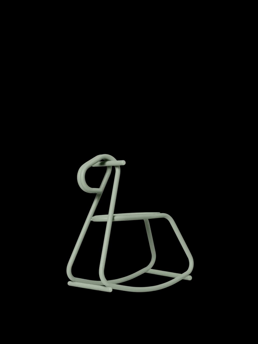 A minimalist children's rocking horse, constructed from bent tubular metal and finished in a matte sage green color. It features a stylized, simplified horse silhouette and a continuous rocking base. — 3D model