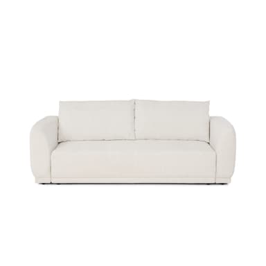 A contemporary sofa, upholstered in a light, textured fabric, seen from a rear-side angle. It features a boxy frame with softly rounded armrests and plush, loose back cushions. The base appears recessed with minimal visible feet, contributing to a clean, low-profile aesthetic. — 3D model