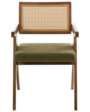 A mid-century modern style armchair featuring a wooden frame, a natural cane webbing backrest, and a padded seat upholstered in green textured fabric. — 3D model