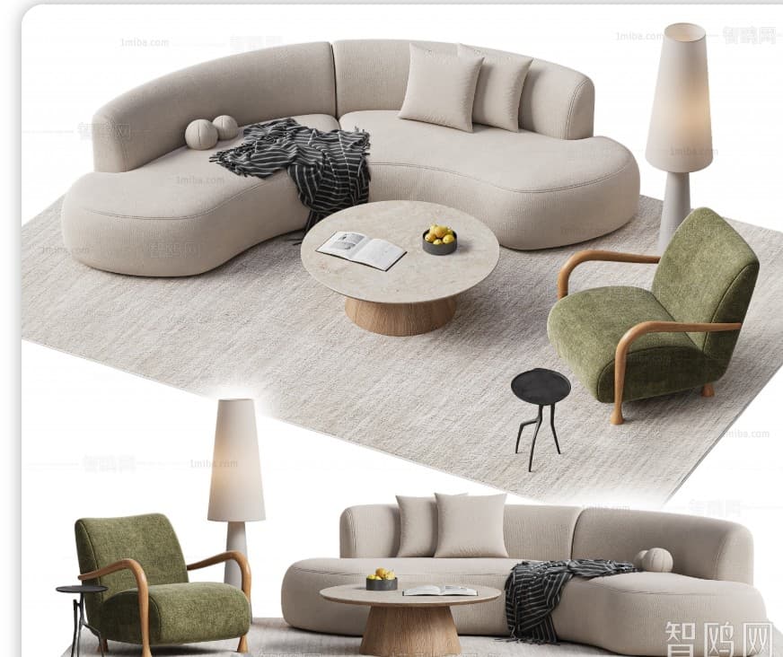 A contemporary modular sectional sofa featuring an organically curved silhouette and upholstered in a light beige, subtly textured fabric. The sofa comprises two main sections that connect to form a broad, flowing seating arrangement, ideal for modern living spaces. It is designed with a low profile and includes two matching throw pillows. — 3D model