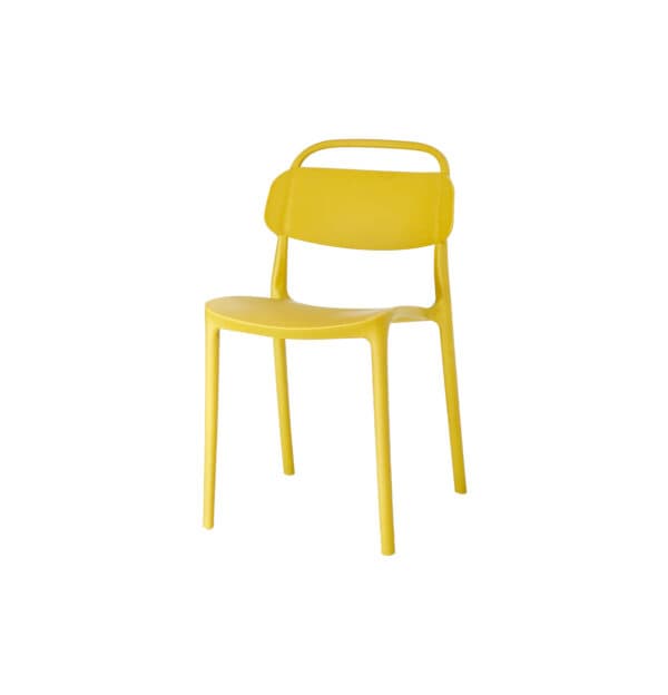 A vibrant yellow armless side chair, characterized by its single-piece molded construction. The chair features a slightly curved seat and an integrated backrest with a distinctive handle-like opening at the top. Four slender, subtly splayed legs support the structure, extending directly from the molded seat frame. The material appears to be a durable, matte plastic or polypropylene, presenting a smooth, uniform surface without visible seams or joints, indicative of a modern manufacturing process. — 3D model