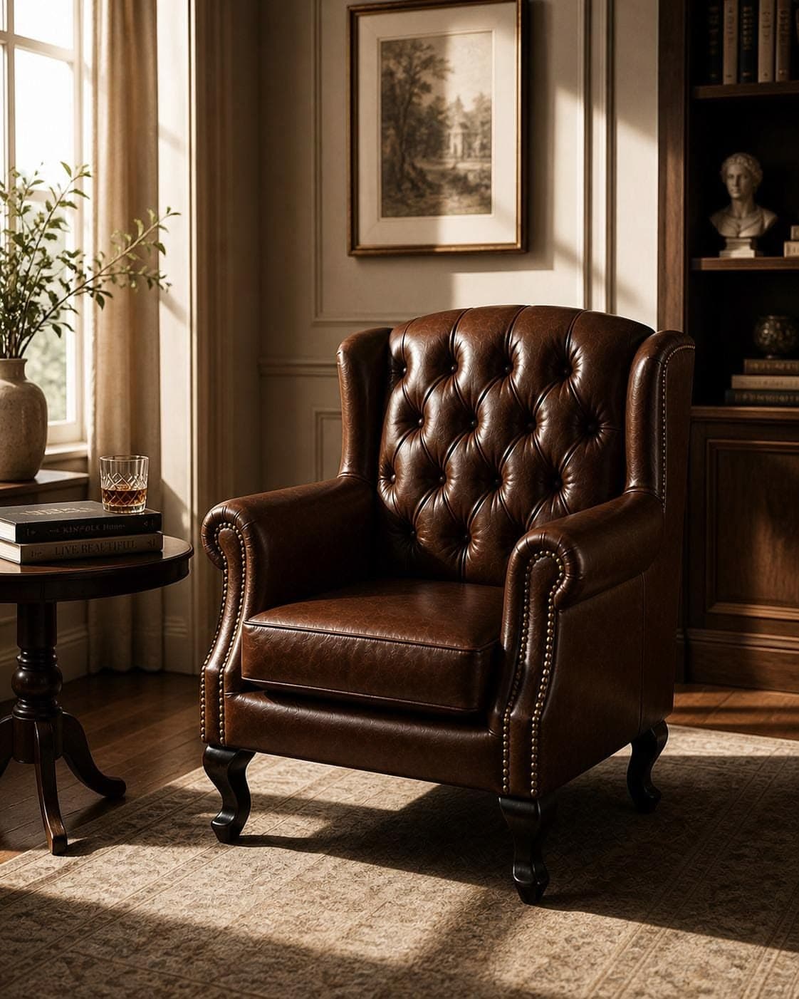 A tufted leather wingback armchair with rolled arms and nailhead trim. The chair features a high back and is supported by four carved wooden legs. The upholstery appears to be genuine leather with a rich brown finish. The tufting pattern is diamond-shaped, extending across the backrest and seat. — 3D model