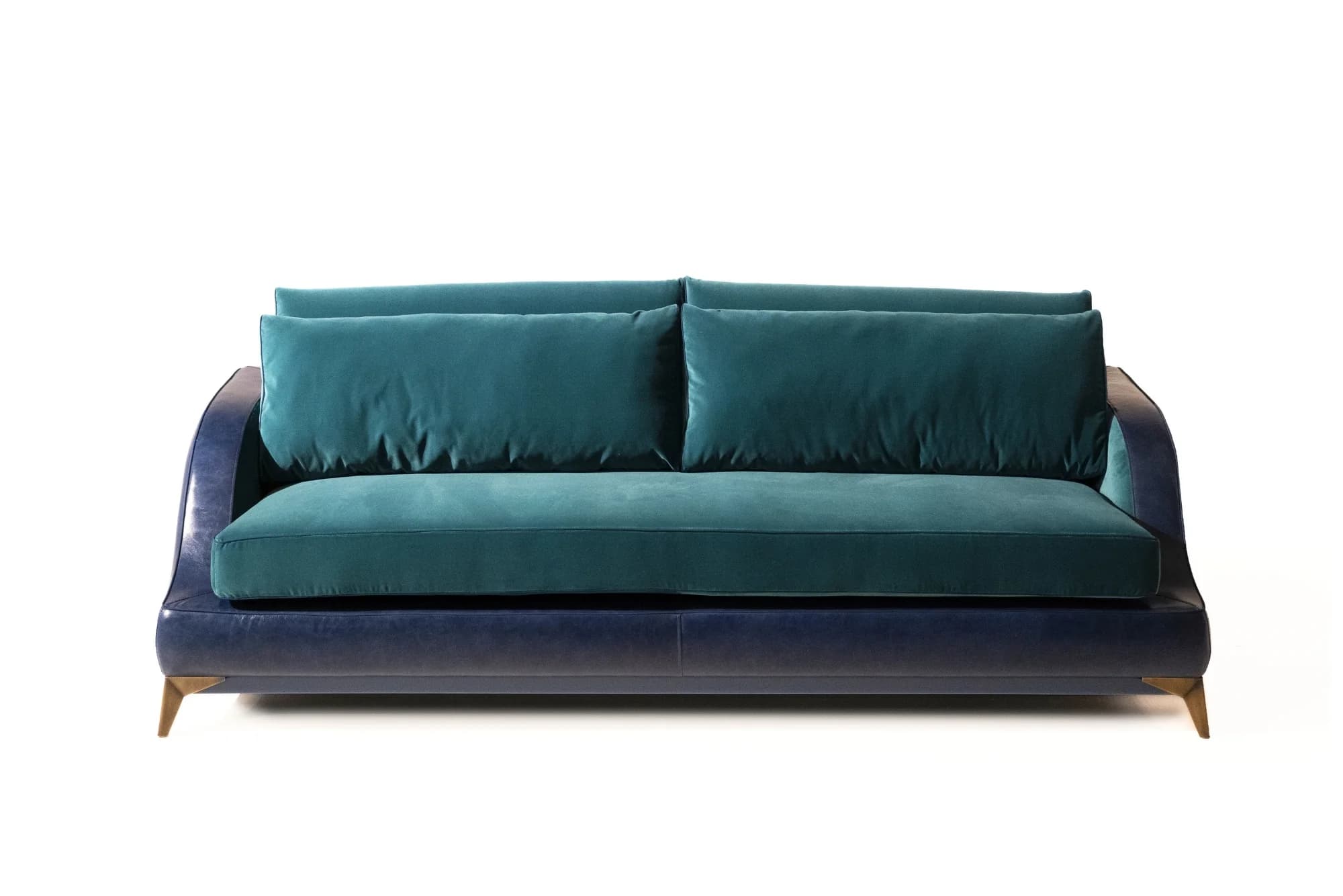 A modern sofa characterized by its distinctive two-tone design, featuring a dark blue leather or faux leather base and vibrant teal velvet cushions. It has subtly curved, integrated armrests and rests on short, angled wooden legs, suggesting a sleek, contemporary aesthetic. — 3D model