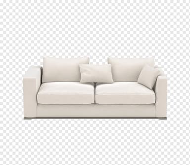 A modern two-seater sofa upholstered in light fabric, featuring a rectangular frame, square arms, loose seat and back cushions, and a recessed metal base. — 3D model