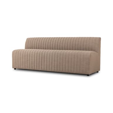 A rectangular upholstered headboard with vertical channel tufting. The headboard has a flat top edge and appears to be designed to attach to a bed frame or wall. It rests on small, dark-colored feet. — 3D model